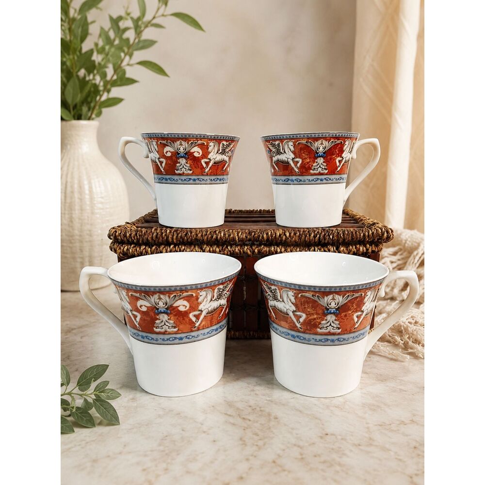 Vtg MIKASA Pegasus Fine China Coffee Tea Cups Set of 4 Ultima HK 714 RARE PRINT